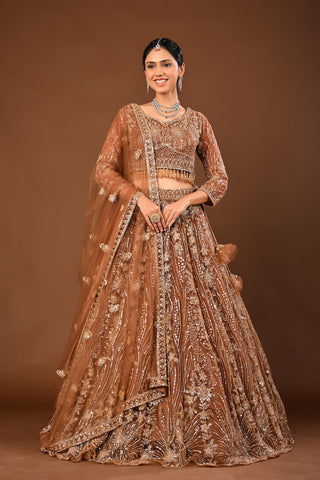 Brown Soft Net Lehenga with Cutdana, Tubelight and Beads
