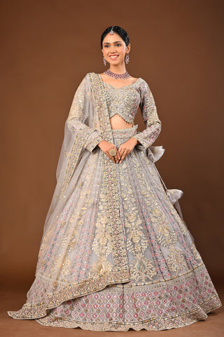 Ash Grey Lehenga crafted in Soft Net with Zari Embriodery with Resham
