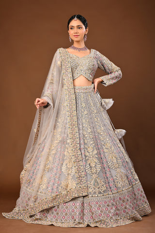 Ash Grey Lehenga crafted in Soft Net with Zari Embriodery with Resham