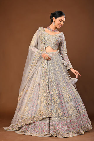 Ash Grey Lehenga crafted in Soft Net with Zari Embriodery with Resham
