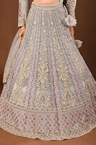 Ash Grey Lehenga crafted in Soft Net with Zari Embriodery with Resham