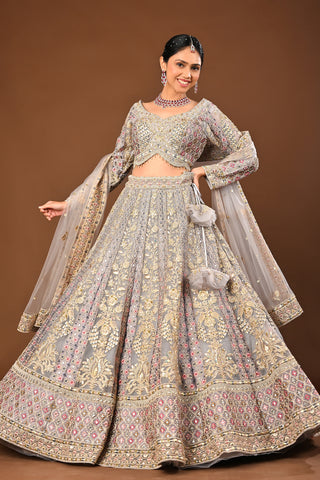 Ash Grey Lehenga crafted in Soft Net with Zari Embriodery with Resham