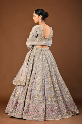 Ash Grey Lehenga crafted in Soft Net with Zari Embriodery with Resham