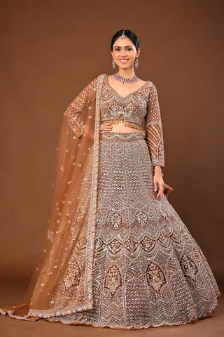 Coffee Brown Lehenga in Soft Net featuring Cutdana with Sequins