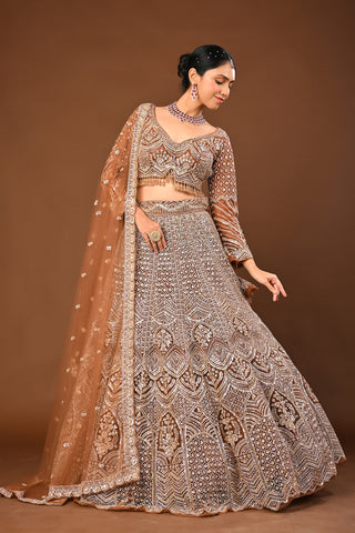 Coffee Brown Lehenga in Soft Net featuring Cutdana with Sequins
