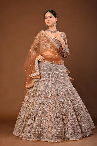 Coffee Brown Lehenga in Soft Net featuring Cutdana with Sequins