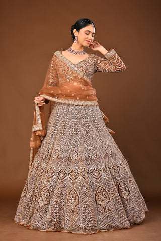 Coffee Brown Lehenga in Soft Net featuring Cutdana with Sequins