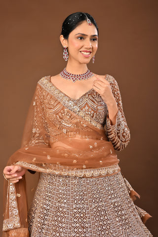 Coffee Brown Lehenga in Soft Net featuring Cutdana with Sequins