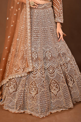 Coffee Brown Lehenga in Soft Net featuring Cutdana with Sequins