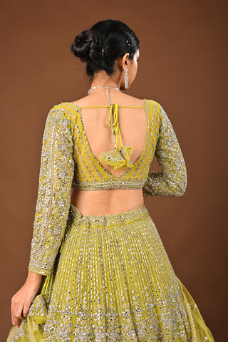 Designer Lemon Green Soft Net Lehenga adorned with Mirror