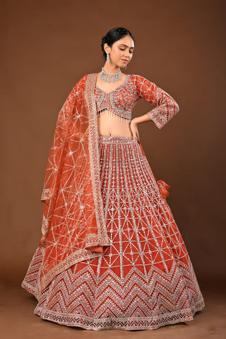 Vibrant/Fanta orange Soft Net Lehenga: Mirror