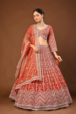 Vibrant/Fanta orange Soft Net Lehenga: Mirror