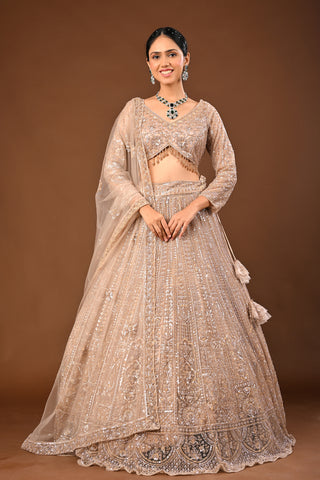 Golden Brown skin tone / beige Lehenga crafted in Soft Net with Hand Pearl with Cutdana