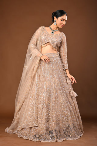 Golden Brown skin tone / beige Lehenga crafted in Soft Net with Hand Pearl with Cutdana