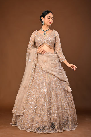 Golden Brown skin tone / beige Lehenga crafted in Soft Net with Hand Pearl with Cutdana