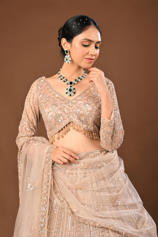 Golden Brown skin tone / beige Lehenga crafted in Soft Net with Hand Pearl with Cutdana