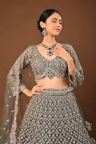 Designer Mehandi green Soft Net Lehenga adorned with Kundan and Stone
