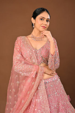 Baby pink Soft Net Lehenga with Stone with Mirror and Zari