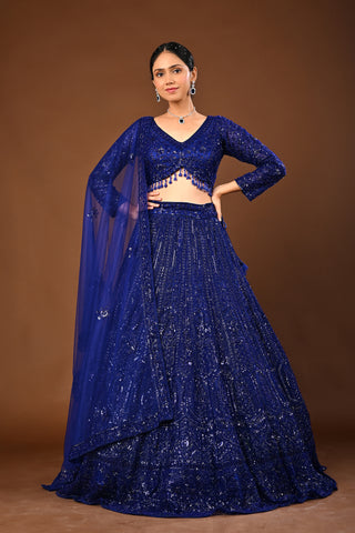 Royal Blue Soft Net Lehenga: Self Matching Cutdana and Sequins