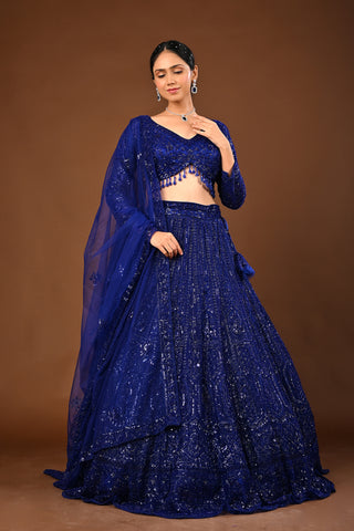 Royal Blue Soft Net Lehenga: Self Matching Cutdana and Sequins