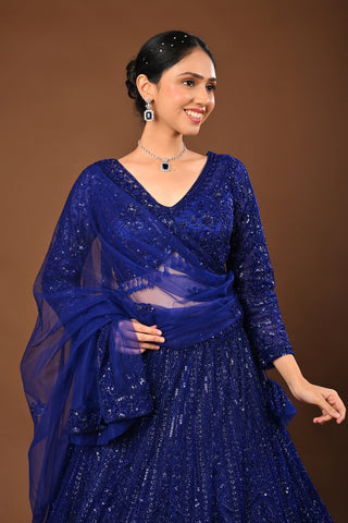 Royal Blue Soft Net Lehenga: Self Matching Cutdana and Sequins