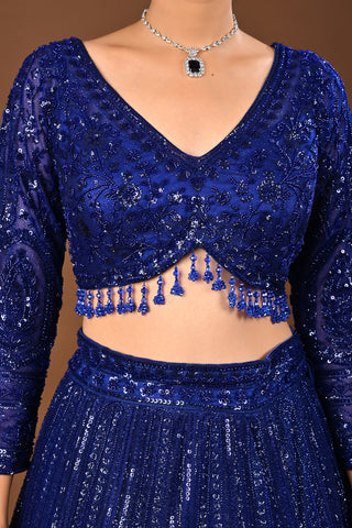 Royal Blue Soft Net Lehenga: Self Matching Cutdana and Sequins