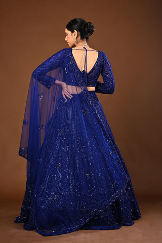 Royal Blue Soft Net Lehenga: Self Matching Cutdana and Sequins