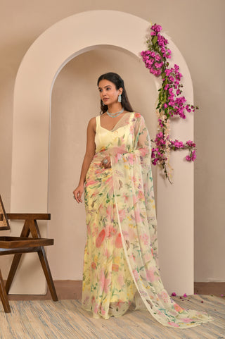 Lemon Yellow Printed Chiffon Saree with Soft Watercolor Floral Digital Print