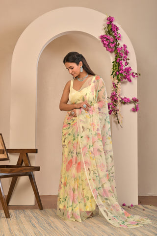 Lemon Yellow Printed Chiffon Saree with Soft Watercolor Floral Digital Print