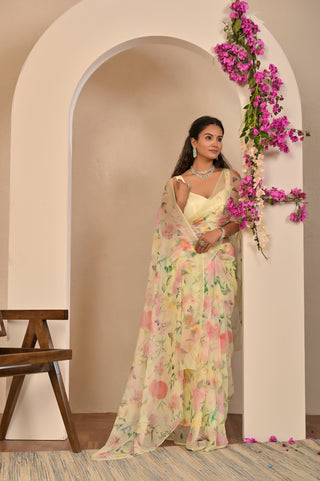Lemon Yellow Printed Chiffon Saree with Soft Watercolor Floral Digital Print