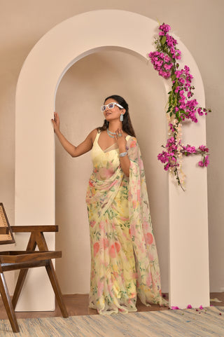 Lemon Yellow Printed Chiffon Saree with Soft Watercolor Floral Digital Print