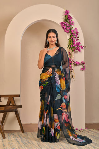 Black Printed Chiffon Saree with Bold Abstract Floral Digital Print