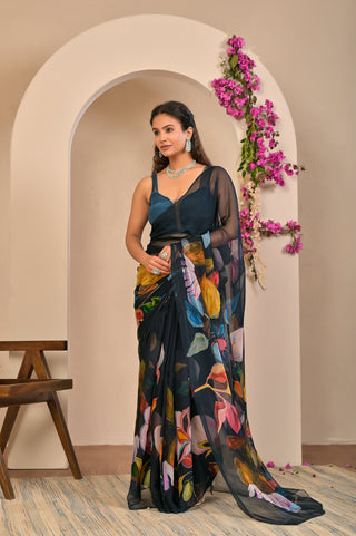 Black Printed Chiffon Saree with Bold Abstract Floral Digital Print