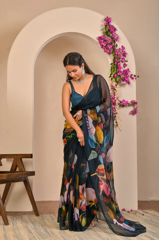 Black Printed Chiffon Saree with Bold Abstract Floral Digital Print