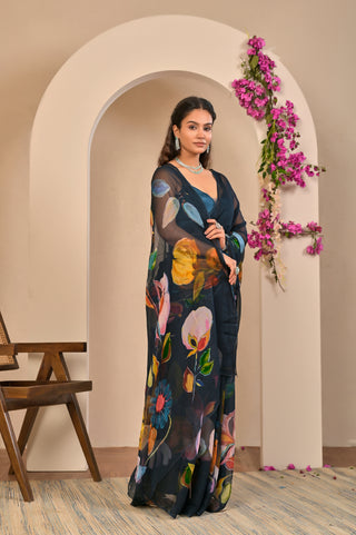 Black Printed Chiffon Saree with Bold Abstract Floral Digital Print