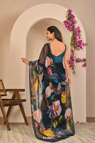 Black Printed Chiffon Saree with Bold Abstract Floral Digital Print