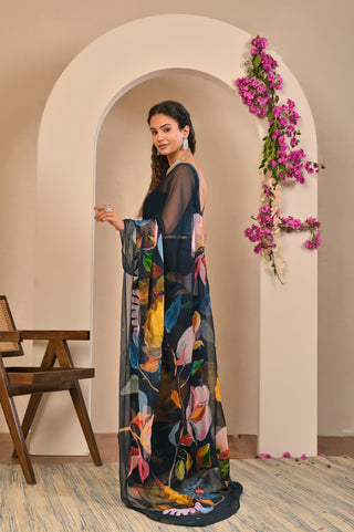 Black Printed Chiffon Saree with Bold Abstract Floral Digital Print