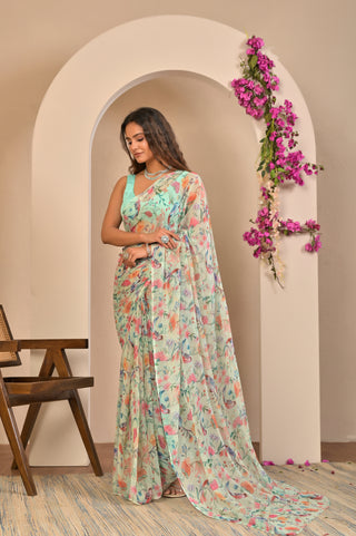 Mint Green Printed Chiffon Saree with Botanical Floral and Bird Digital Print