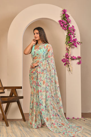 Mint Green Printed Chiffon Saree with Botanical Floral and Bird Digital Print