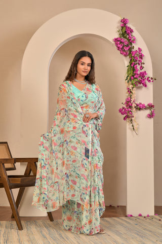 Mint Green Printed Chiffon Saree with Botanical Floral and Bird Digital Print