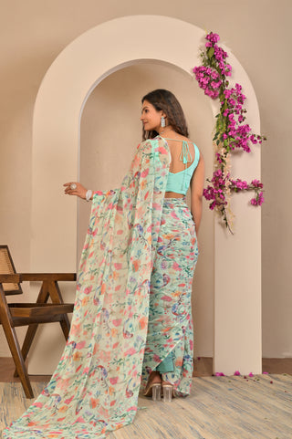 Mint Green Printed Chiffon Saree with Botanical Floral and Bird Digital Print