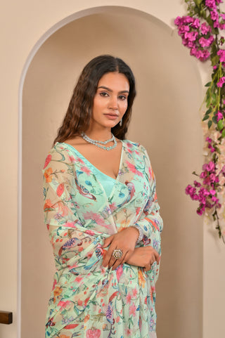 Mint Green Printed Chiffon Saree with Botanical Floral and Bird Digital Print