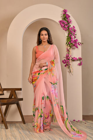Baby Pink Printed Chiffon Saree with Floral Border Digital Print