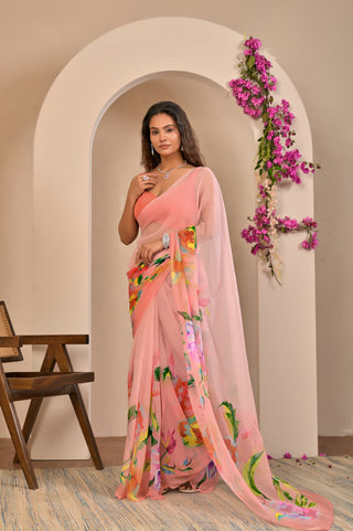 Baby Pink Printed Chiffon Saree with Floral Border Digital Print