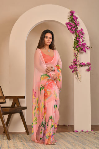 Baby Pink Printed Chiffon Saree with Floral Border Digital Print