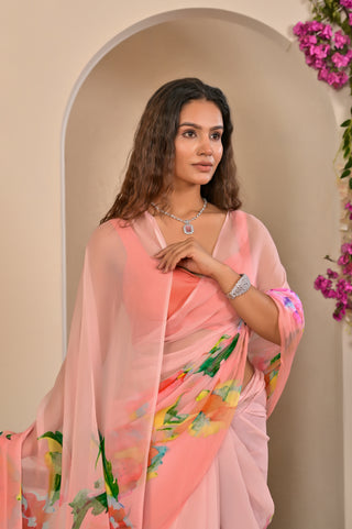 Baby Pink Printed Chiffon Saree with Floral Border Digital Print