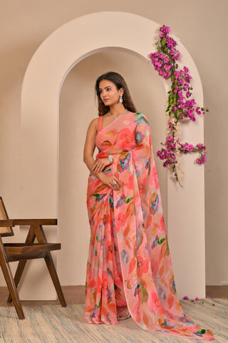 Coral Pink Printed Chiffon Saree with Bold Watercolor Floral Digital Print