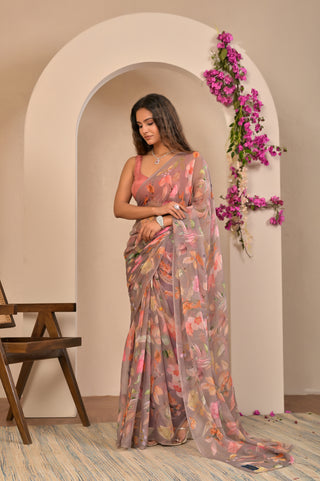 Mauve Printed Chiffon Saree with Floral Digital Print and Cold Shoulder Tie-Up Blouse