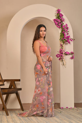 Mauve Printed Chiffon Saree with Floral Digital Print and Cold Shoulder Tie-Up Blouse