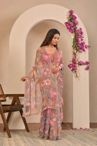 Mauve Printed Chiffon Saree with Floral Digital Print and Cold Shoulder Tie-Up Blouse